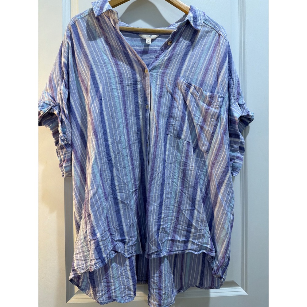 Terra & Sky Womens 3X Blue Purple Striped Linen Blend Button Down Shirt TS251001
